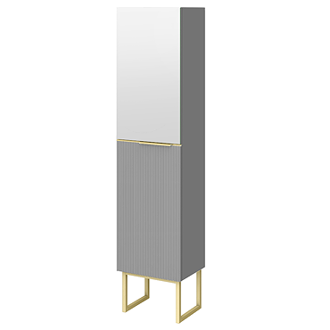 Opus Mirrored 2 Door Wall Hung Tall Storage Unit - Satin Grey, Fluted with Brushed Brass Handle & Legs