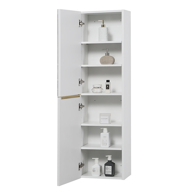 Opus Mirrored 2 Door Wall Hung Tall Storage Unit - Satin White, Fluted with Brushed Brass Handle & Legs