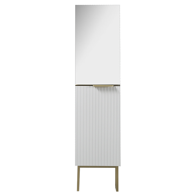 Opus Mirrored 2 Door Wall Hung Tall Storage Unit - Satin White, Fluted with Brushed Brass Handle & Legs