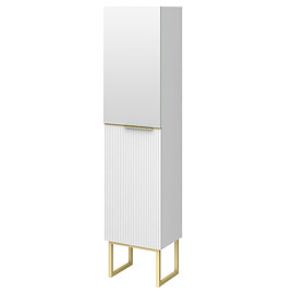 Opus Mirrored 2 Door Wall Hung Tall Storage Unit - Satin White, Fluted with Brushed Brass Handle & Legs