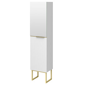 Opus Mirrored 2 Door Wall Hung Tall Storage Unit - Satin White, Fluted with Brushed Brass Handle & Legs