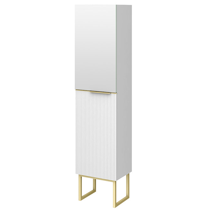 Opus Mirrored 2 Door Wall Hung Tall Storage Unit - Satin White, Fluted with Brushed Brass Handle & Legs