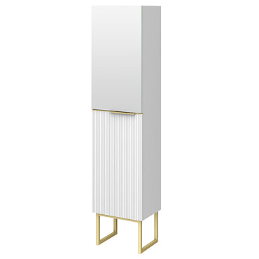 Opus Mirrored 2 Door Wall Hung Tall Storage Unit - Satin White, Fluted with Brushed Brass Handle & Legs