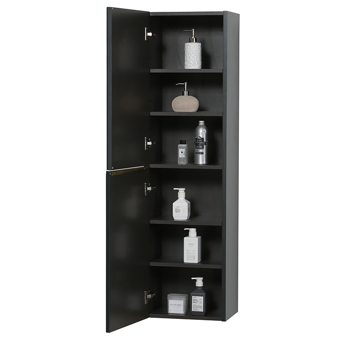 Opus Mirrored 2 Door Wall Hung Tall Storage Unit - Satin Black, Fluted with Brushed Brass Handle