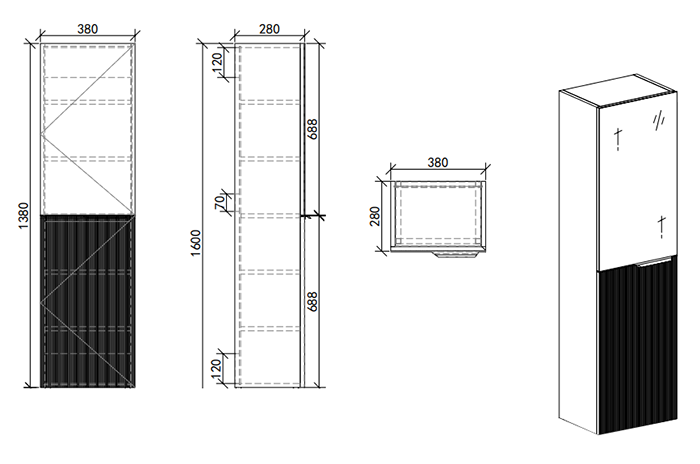 Opus Mirrored 2 Door Wall Hung Tall Storage Unit - Satin Black, Fluted with Brushed Brass Handle