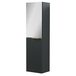 Opus Mirrored 2 Door Wall Hung Tall Storage Unit - Satin Black, Fluted with Brushed Brass Handle
