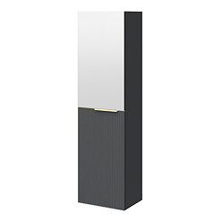 Opus Mirrored 2 Door Wall Hung Tall Storage Unit - Satin Black, Fluted with Brushed Brass Handle