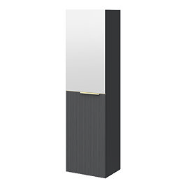 Opus Mirrored 2 Door Wall Hung Tall Storage Unit - Satin Black, Fluted with Brushed Brass Handle