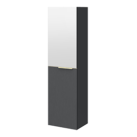 Opus Mirrored 2 Door Wall Hung Tall Storage Unit - Satin Black, Fluted with Brushed Brass Handle