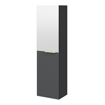 Opus Mirrored 2 Door Wall Hung Tall Storage Unit - Satin Black, Fluted with Brushed Brass Handle
