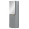 Opus Mirrored 2 Door Wall Hung Tall Storage Unit - Satin Grey, Fluted with Brushed Brass Handle