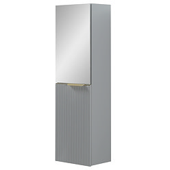Opus Mirrored 2 Door Wall Hung Tall Storage Unit - Satin Grey, Fluted with Brushed Brass Handle