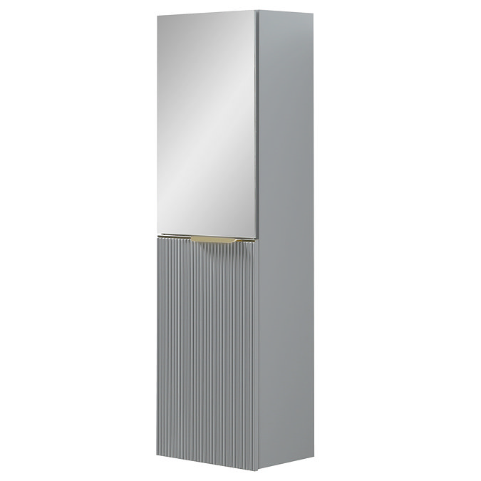Opus Mirrored 2 Door Wall Hung Tall Storage Unit - Satin Grey, Fluted with Brushed Brass Handle