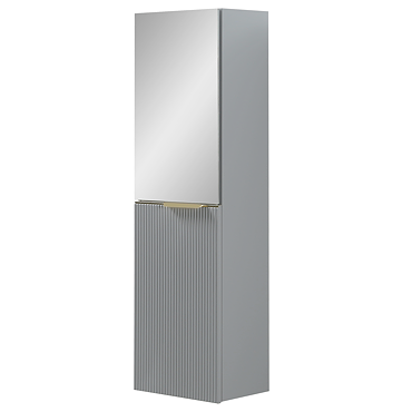 Opus Mirrored 2 Door Wall Hung Tall Storage Unit - Satin Grey, Fluted with Brushed Brass Handle