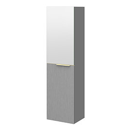 Opus Mirrored 2 Door Wall Hung Tall Storage Unit - Satin Grey, Fluted with Brushed Brass Handle