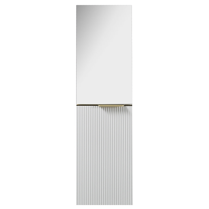 Opus Mirrored 2 Door Wall Hung Tall Storage Unit - Satin White, Fluted with Brushed Brass Handle