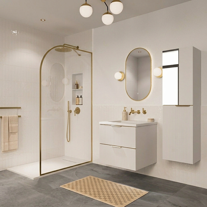 Opus Mirrored 2 Door Wall Hung Tall Storage Unit - Satin White, Fluted with Brushed Brass Handle