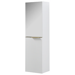 Opus Mirrored 2 Door Wall Hung Tall Storage Unit - Satin White, Fluted with Brushed Brass Handle