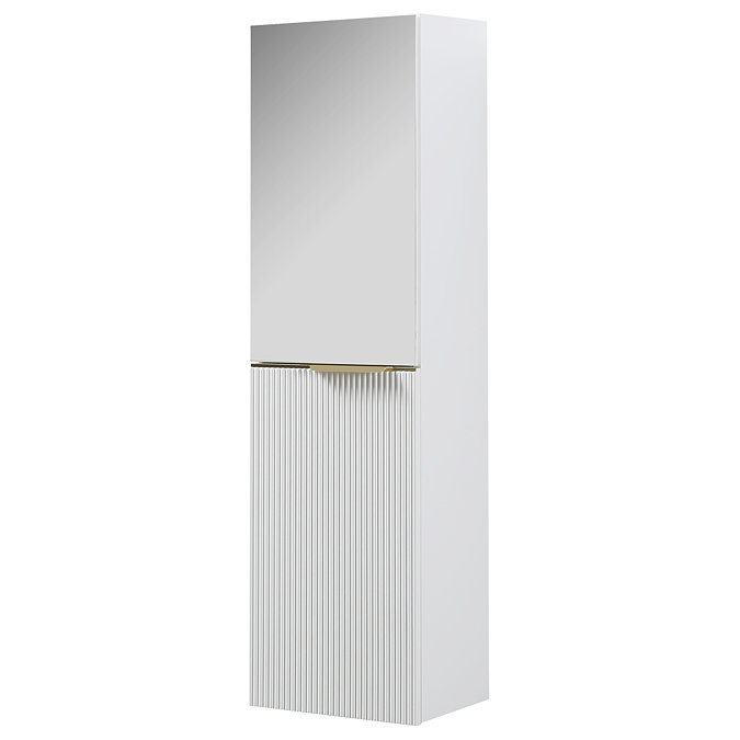 Opus Mirrored 2 Door Wall Hung Tall Storage Unit - Satin White, Fluted with Brushed Brass Handle