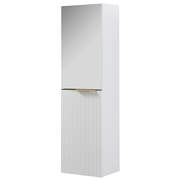 Opus Mirrored 2 Door Wall Hung Tall Storage Unit - Satin White, Fluted with Brushed Brass Handle