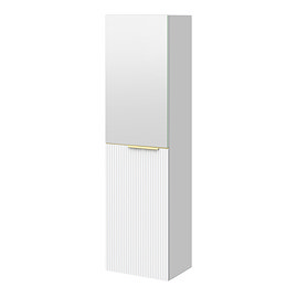 Opus Mirrored 2 Door Wall Hung Tall Storage Unit - Satin White, Fluted with Brushed Brass Handle