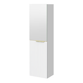 Opus Mirrored 2 Door Wall Hung Tall Storage Unit - Satin White, Fluted with Brushed Brass Handle