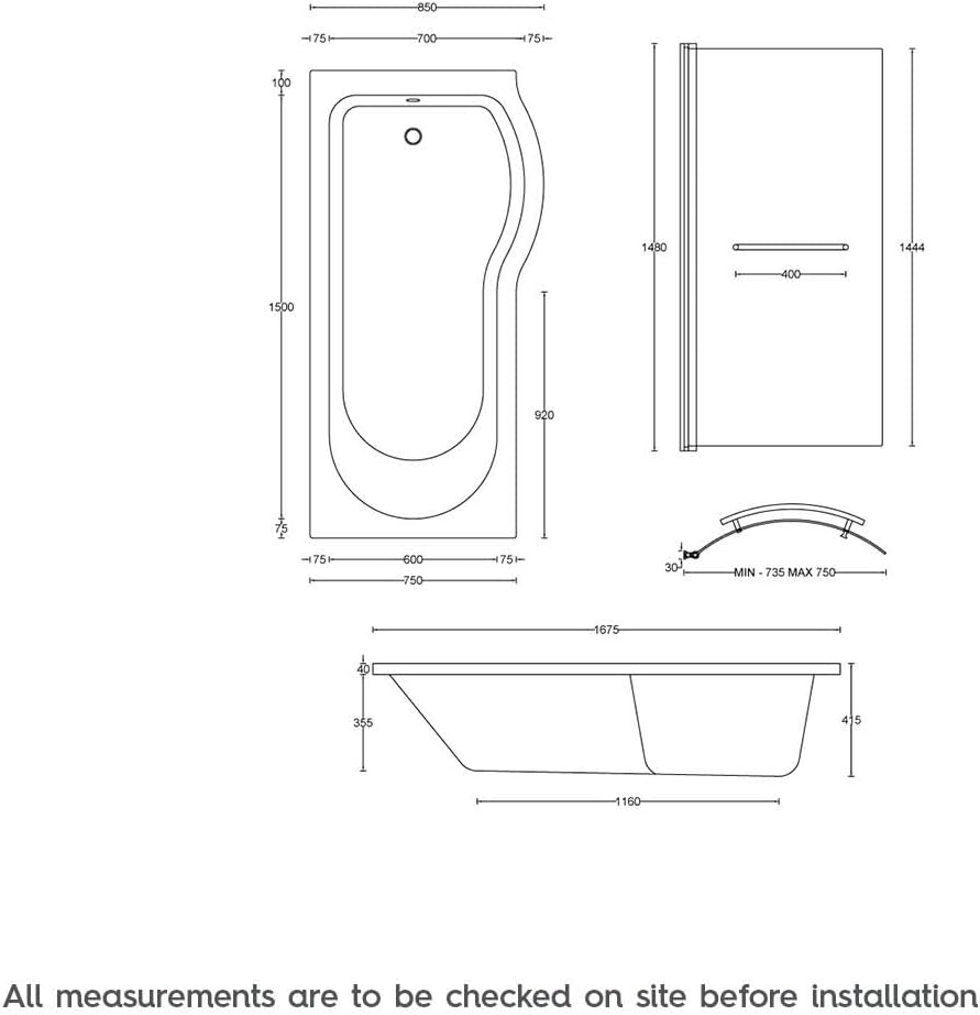 Orchard P Shaped Shower Bath with 6mm Shower Screen and Rail (excludes Bath Panels)