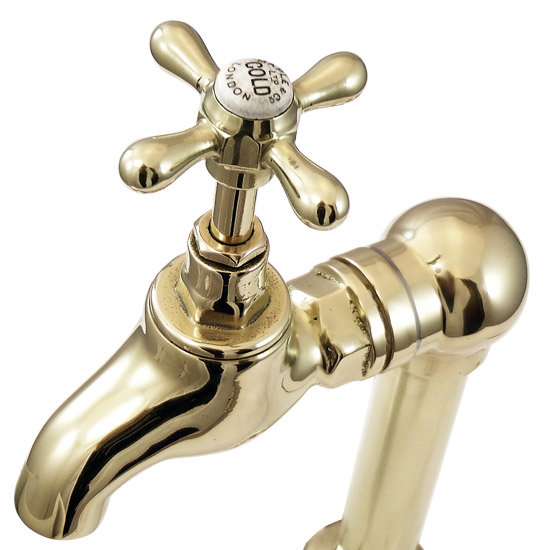 Original Polished Brass Crosshead Kitchen Bib Taps on Stand Pipes Profile Large Image