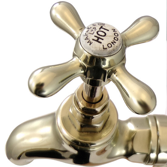 Original Polished Brass Crosshead Kitchen Bib Taps on Stand Pipes Standard Large Image