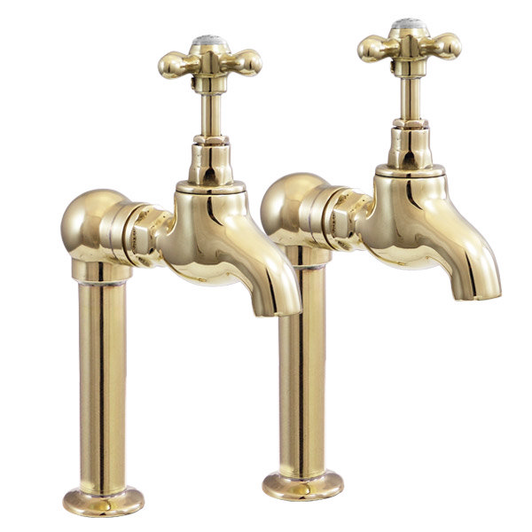 Original Polished Brass Crosshead Kitchen Bib Taps on Stand Pipes Large Image