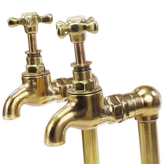 Original Polished Brass Large Kitchen Bib Taps on Stand Pipes w/ Ball Joints Profile Large Image
