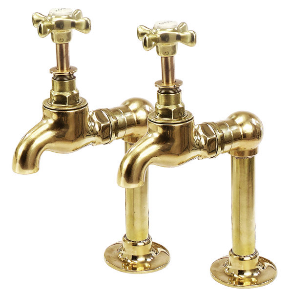 Original Polished Brass Large Kitchen Bib Taps on Stand Pipes w/ Ball Joints Large Image