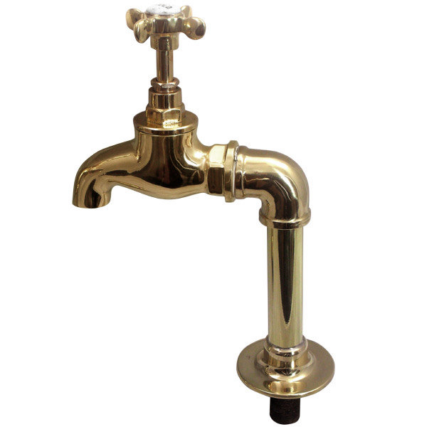Original Polished Brass Large Kitchen Bib Taps on Stand Pipes at