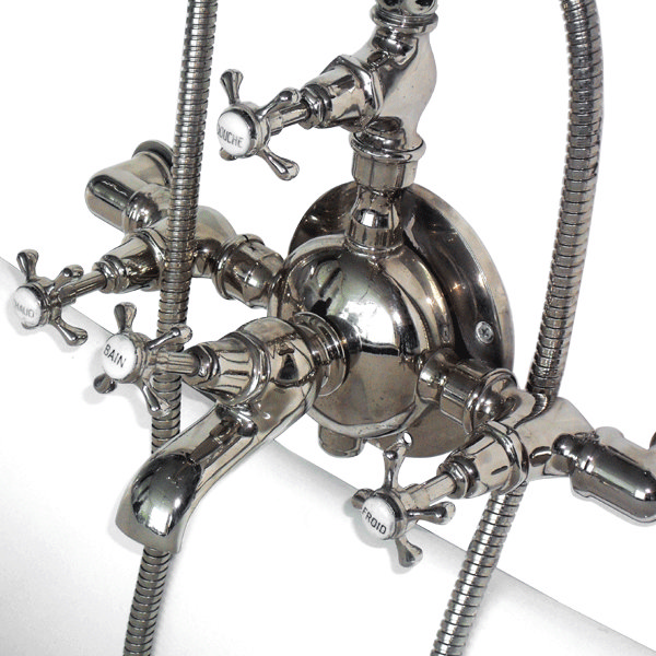 Original Refurbished Large French Bath Shower Mixer with Spoked Tap Handles Large Image