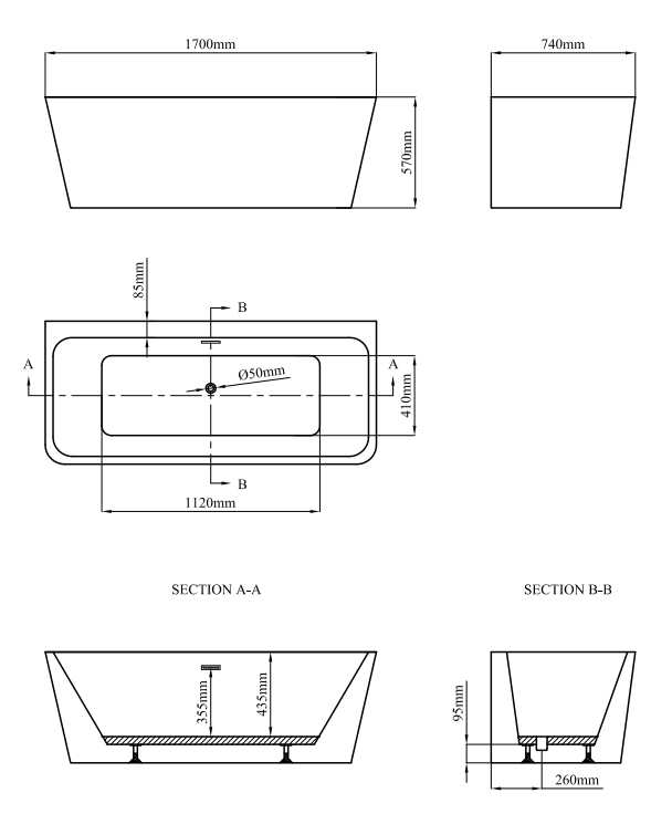 Orion Back To Wall Modern Square Bath (1700 x 740mm)