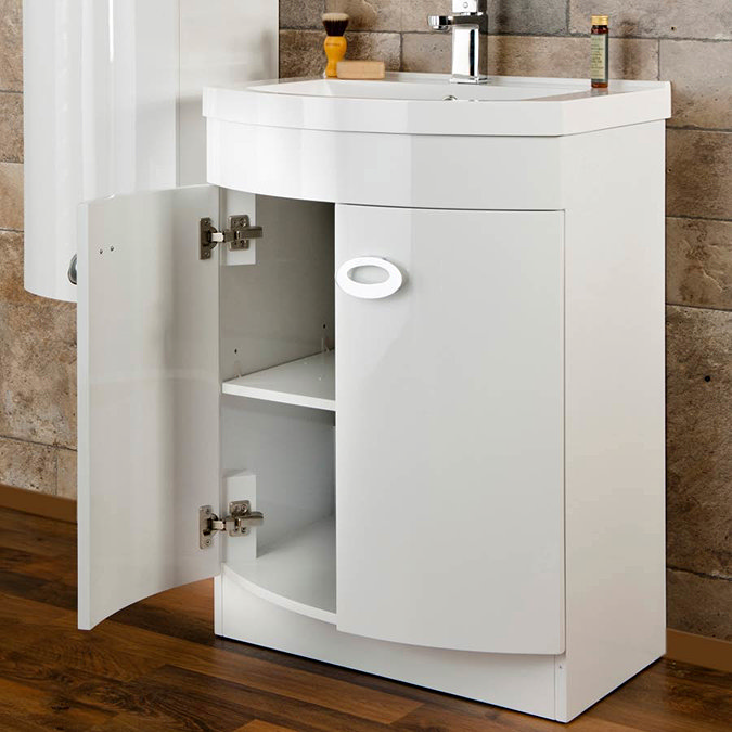 Orion Modern Curved White Gloss Vanity Unit + Tall Side Cabinet  In Bathroom Large Image