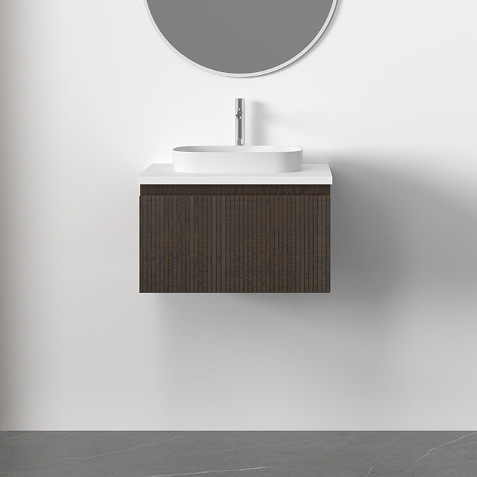 Osaka 500mm Wall Hung Vanity Unit – Slatted Dark Oak with White Stone Countertop