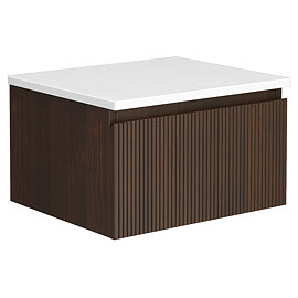 Osaka 500mm Wall Hung Vanity Unit – Slatted Dark Oak with White Stone Countertop