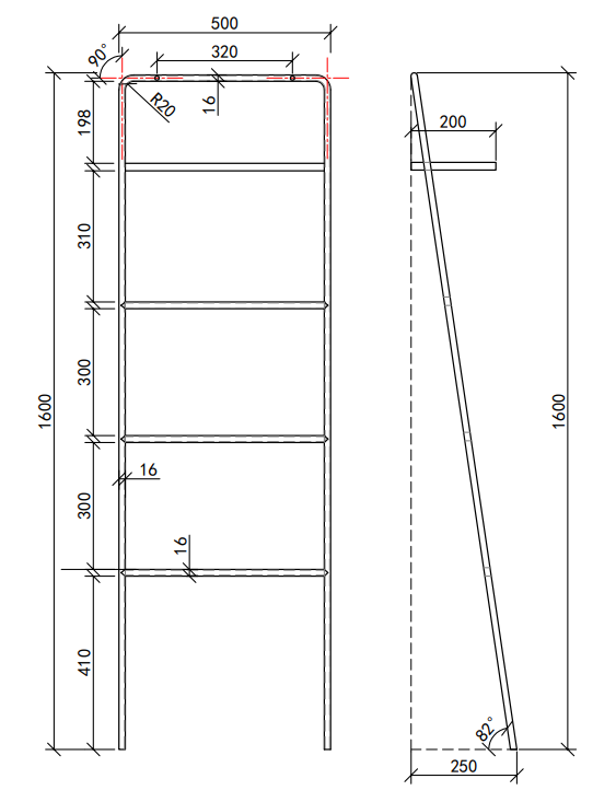 Osaka Matt Black Ladder Rail with Shelf - Dark Oak