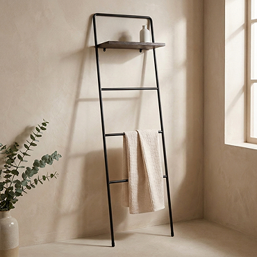 Osaka Matt Black Ladder Rail with Shelf - Dark Oak