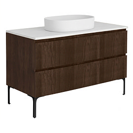 Osaka Slatted Dark Oak 1200mm Freestanding Vanity with White Stone Worktop & Oval Countertop Basin