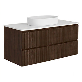 Osaka Slatted Dark Oak 1200mm Wall Hung Vanity with White Stone Worktop & Oval Countertop Basin