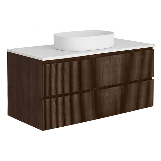 Osaka Slatted Dark Oak 1200mm Wall Hung Vanity with White Stone Worktop & Oval Countertop Basin