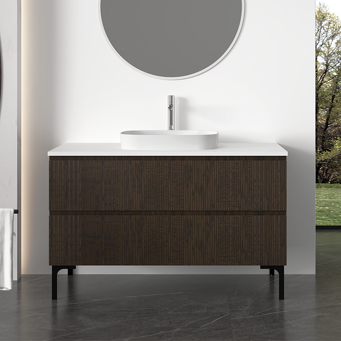 Osaka Slatted Dark Oak 1200mm 2-Drawer Countertop Vanity Unit with White Stone Worktop