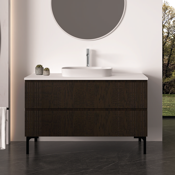 Osaka Slatted Dark Oak 1200mm 2-Drawer Countertop Vanity Unit with White Stone Worktop