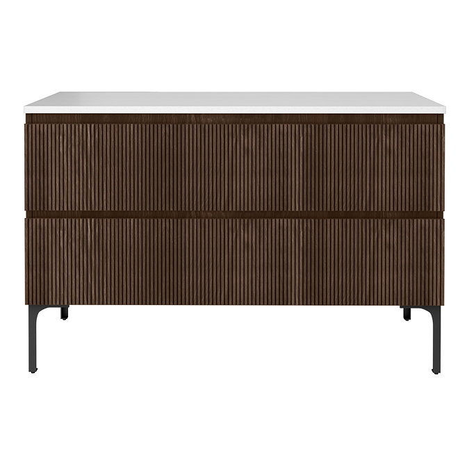 Osaka Slatted Dark Oak 1200mm 2-Drawer Countertop Vanity Unit with White Stone Worktop
