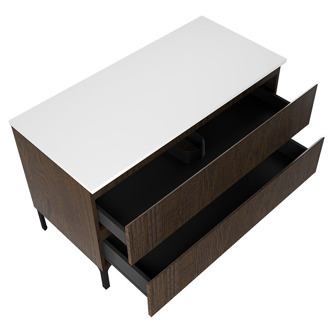 Osaka Slatted Dark Oak 1200mm 2-Drawer Countertop Vanity Unit with White Stone Worktop