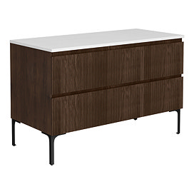 Osaka Slatted Dark Oak 1200mm 2-Drawer Countertop Vanity Unit with White Stone Worktop