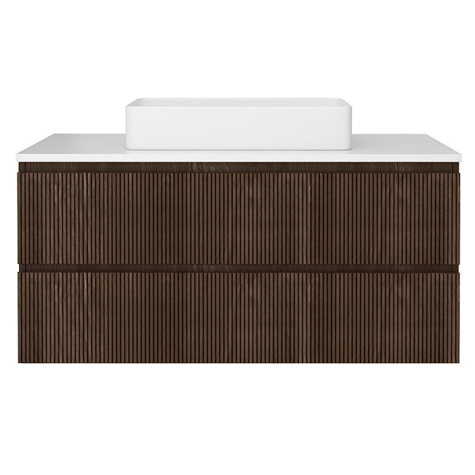 Osaka Slatted Dark Oak 1200mm Wall Hung 2-Drawer Vanity Unit with White Stone Worktop & Rectangular Basin