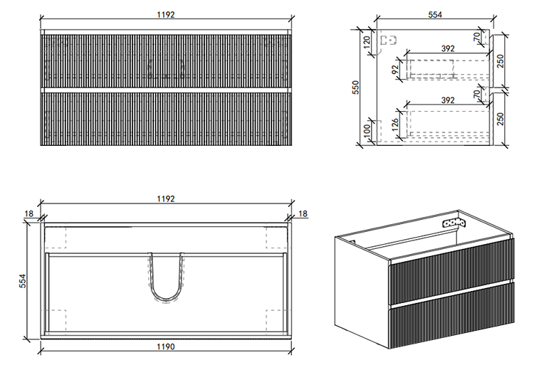Osaka Slatted Dark Oak 1200mm Wall Hung 2-Drawer Vanity Unit with White Stone Worktop & Rectangular Basin